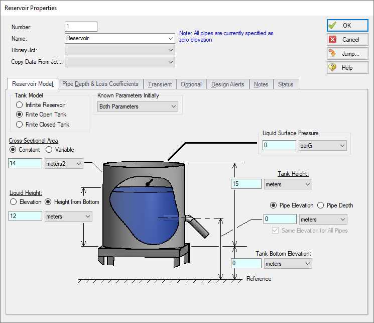 The Reservoir Properties window with Finite Open Tank selected as the Tank Model.